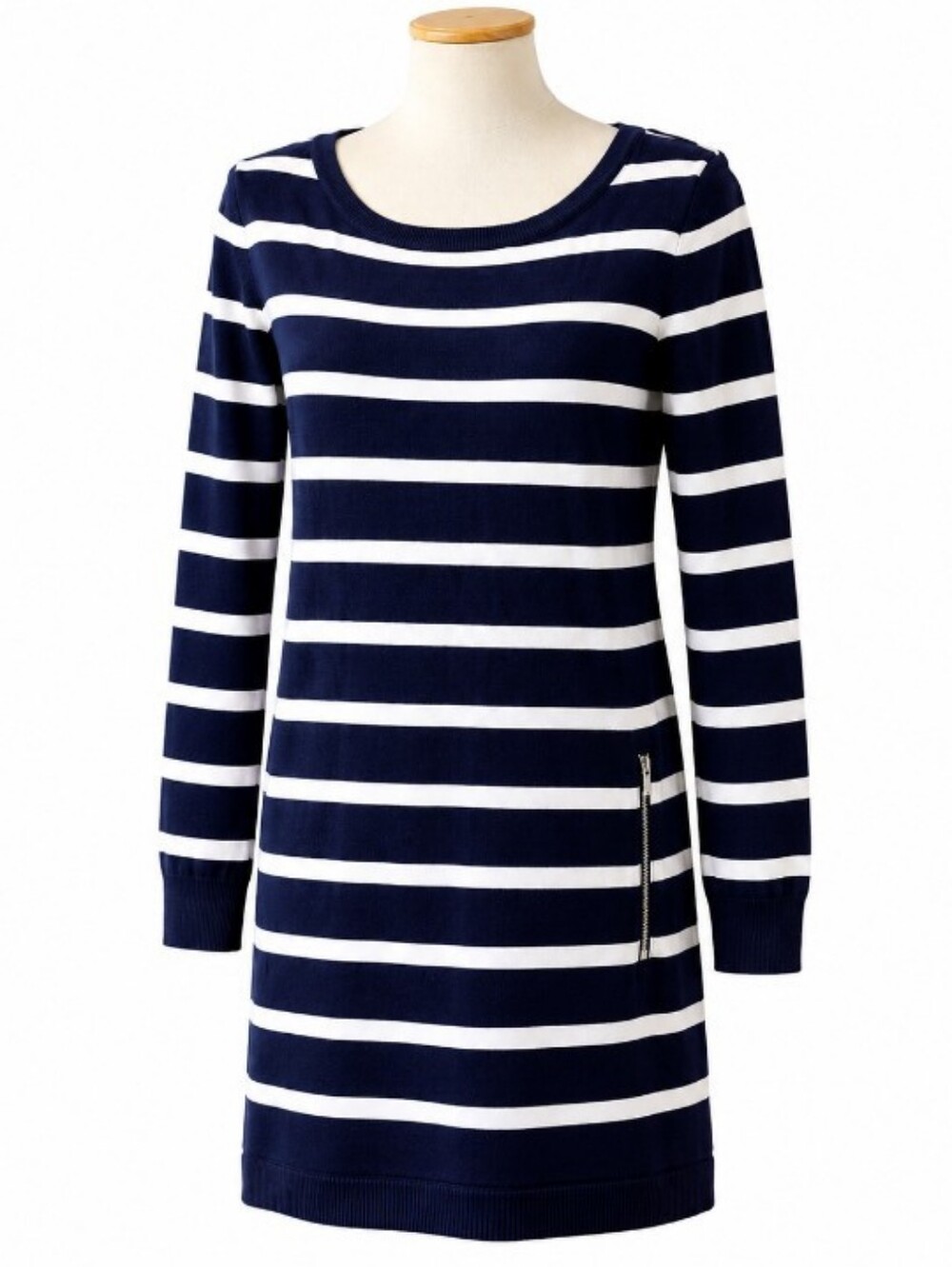 Tommy Hilfiger Breton Stripe Knit T Shirt Dress Navy White Zip Pocket Nautical S